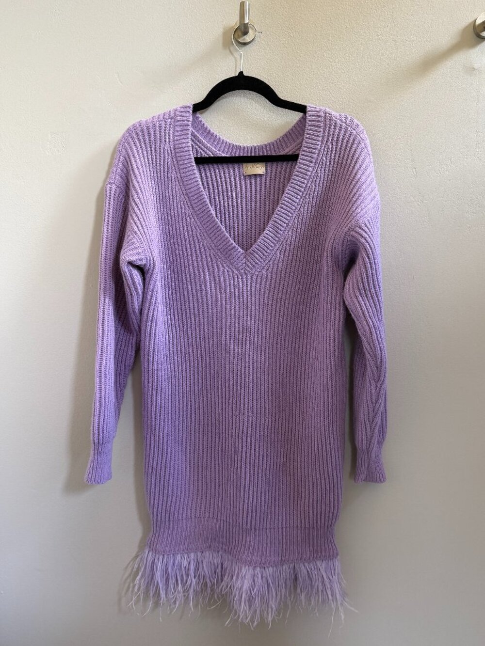 Lilac Wool Blend Sweater Dress with Feather Hem, Size S/M